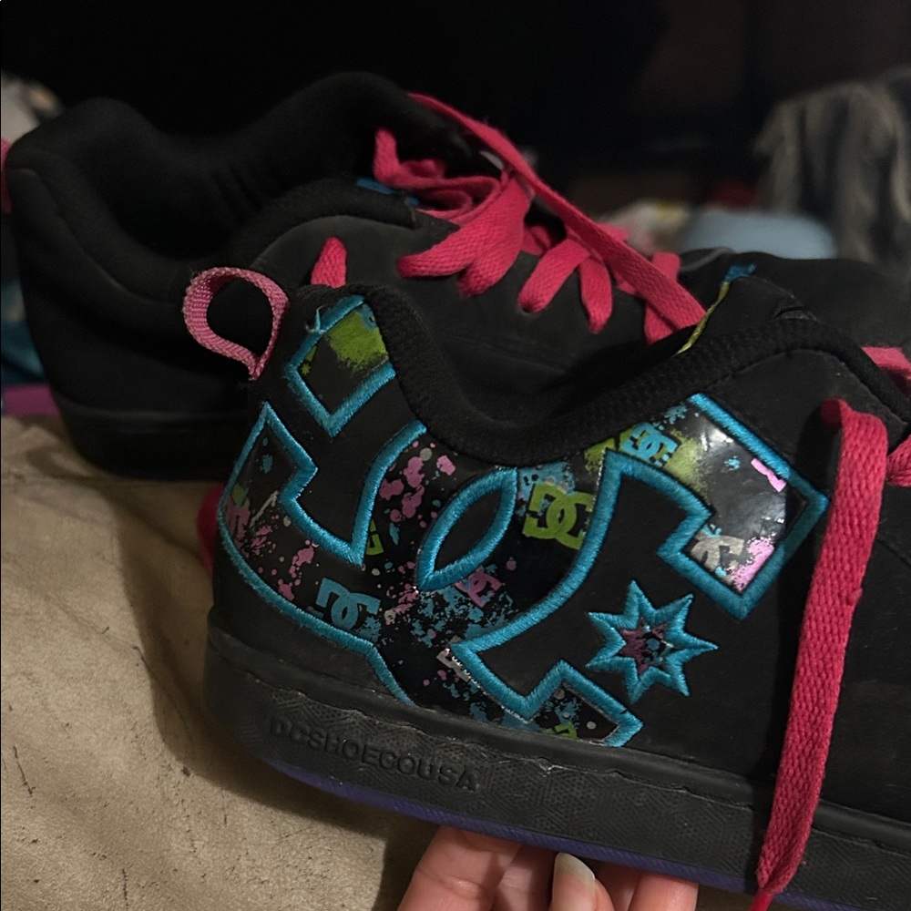 DC womens Black Sneakers with Pink and Blue Accents